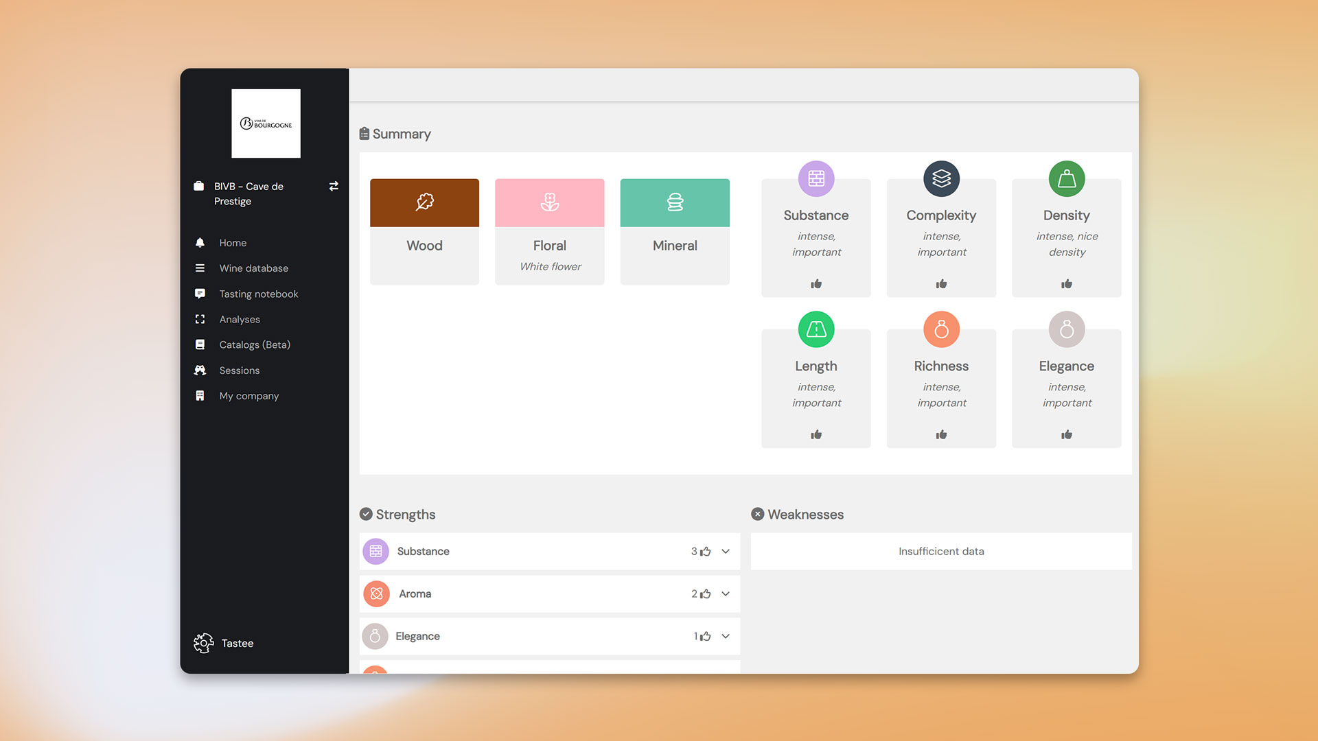 Screenshot of the Tastee interface showing an analysis report for a Cave de Prestige cuvée displaying primary aromas and gustatory characteristics of the wine