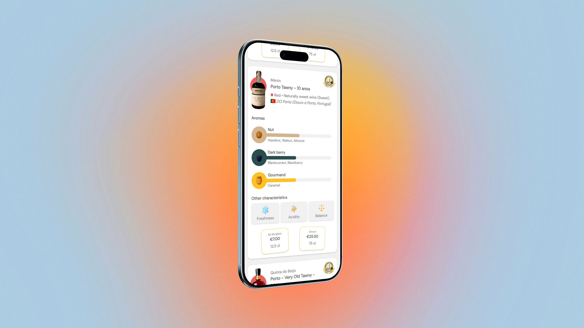 Aperçu sur smartphone d'une fiche vin dans un Catalogue Tastee, avec arômes, caractéristiques et prix