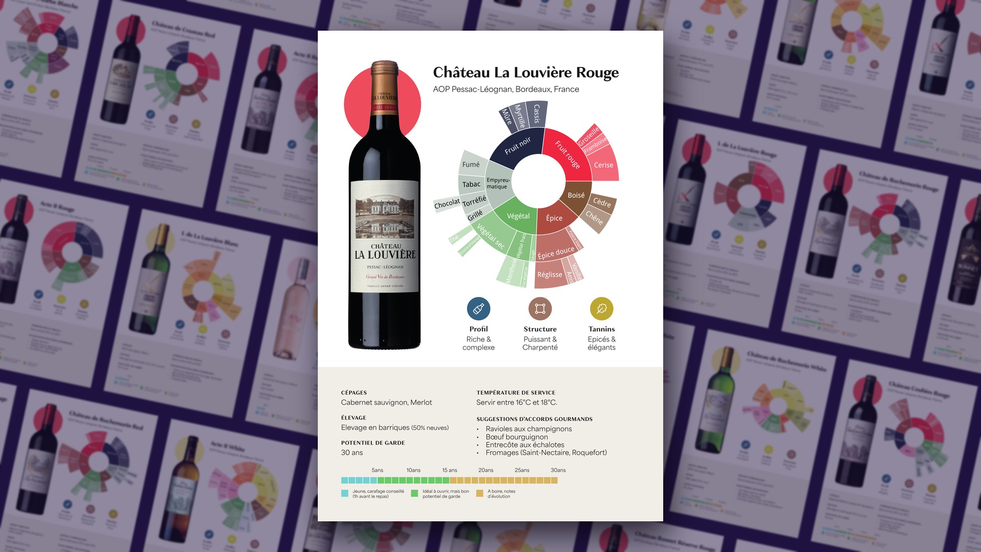 Château La Louvière red wine sheet with aroma wheel, indicators and ageing potential, in front of the 16 Vignobles André Lurton sheets