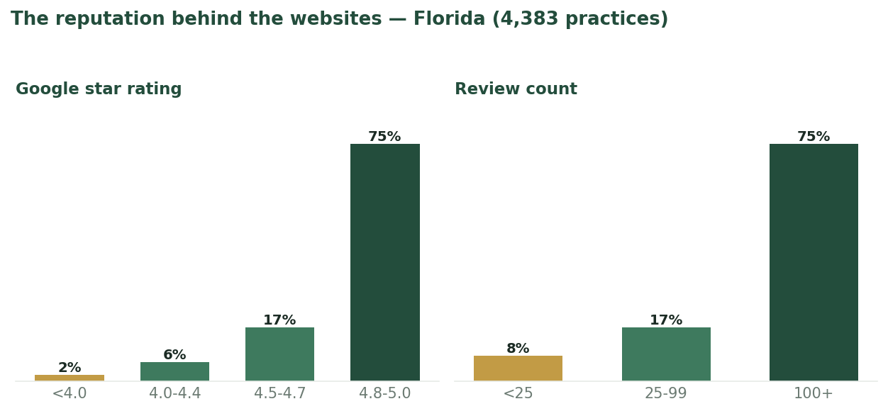 Distribution of Google star ratings and review counts across 4,383 Florida dental practices