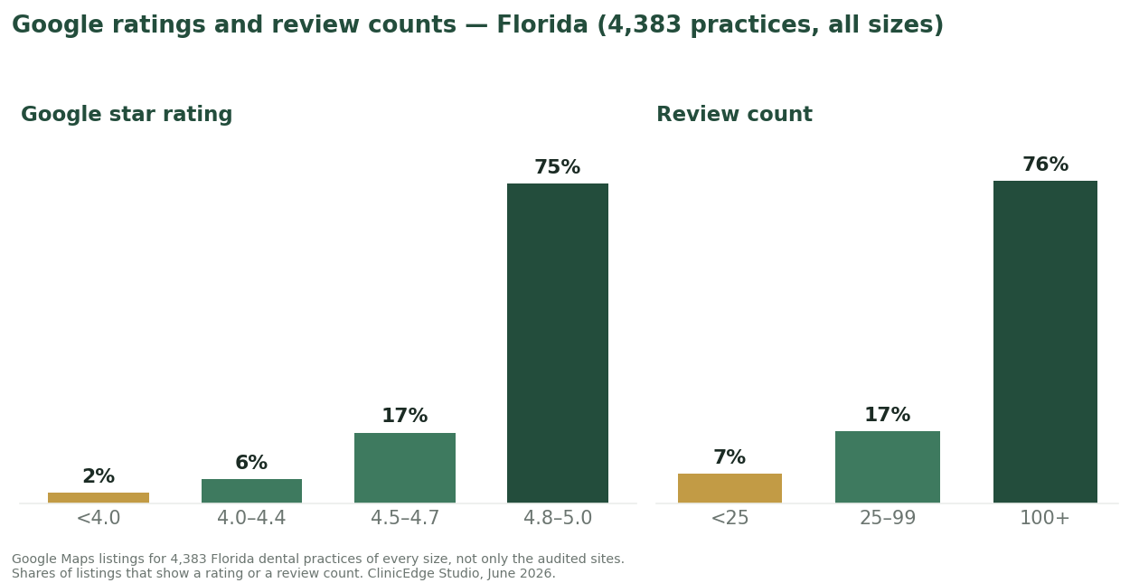 Distribution of Google star ratings and review counts across 4,383 Florida dental practices of every size