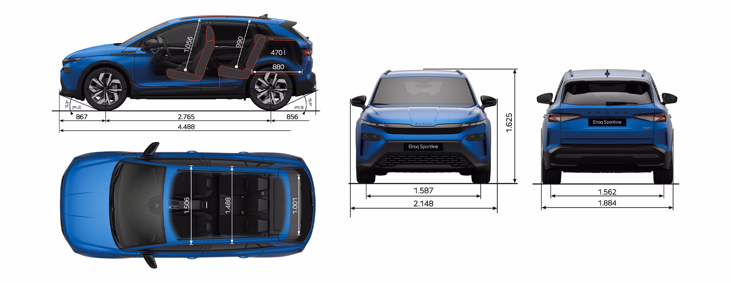 Grafische Darstellung des Škoda Elroq Sportline in Race-Blau Metallic aus viererlei Perspektiven: Front-, Heck und Seitenansicht sowie Vogelperspektive. Die Abmessungen des Fahrzeugs werden in den verschiedenen Abbildungen dargestellt.