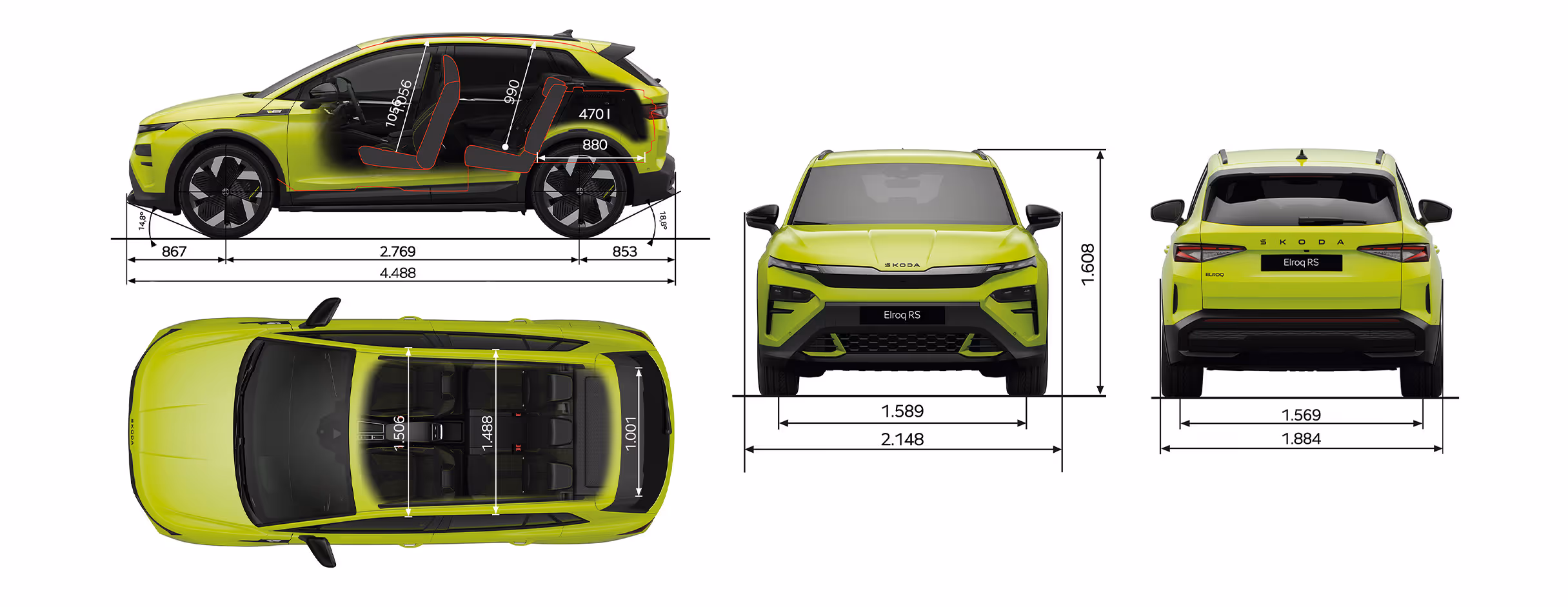 Grafische Darstellung des Škoda Elroq RS in Mamba-Grün aus viererlei Perspektiven: Front-, Heck und Seitenansicht sowie Vogelperspektive. Die Abmessungen des Fahrzeugs werden in den verschiedenen Abbildungen dargestellt.