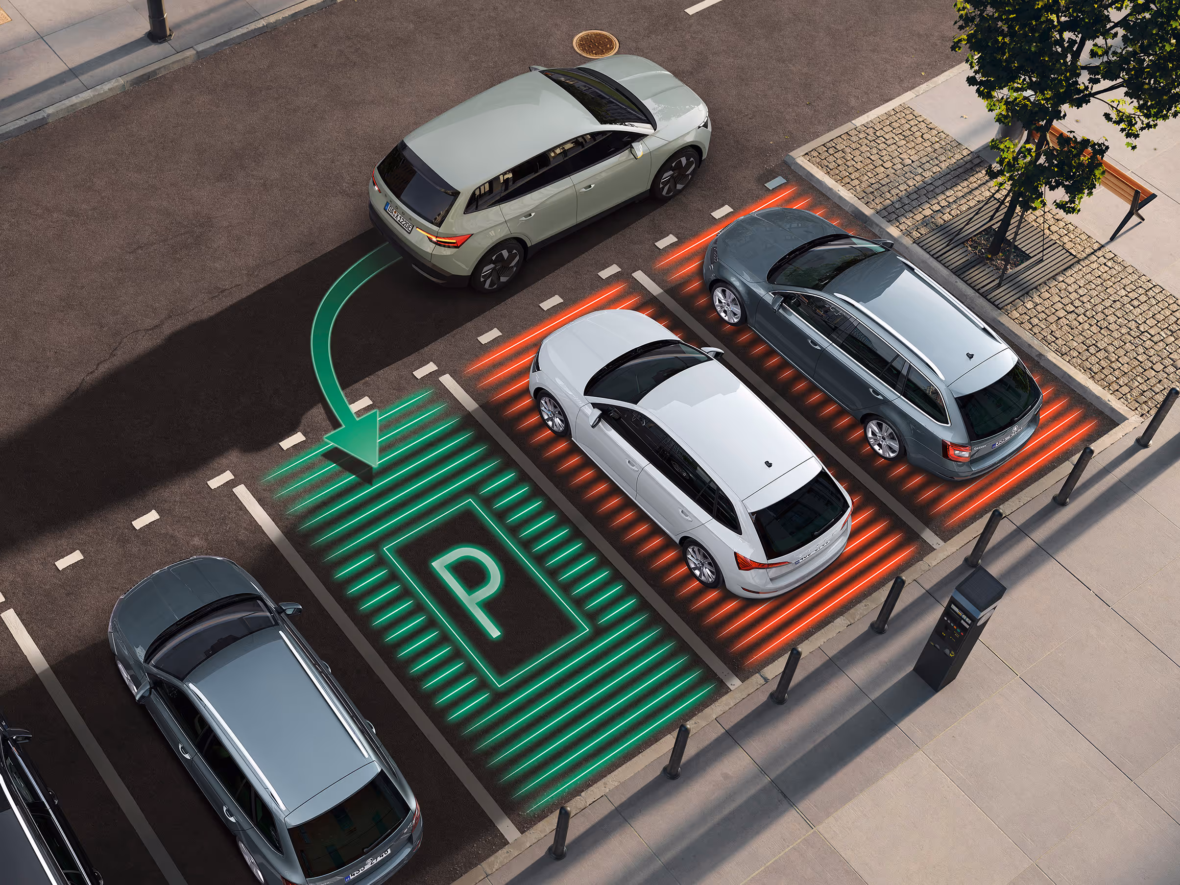 Animation des Parkassistenten: Ein Škoda Elroq parkt selbstständig in eine Parklücke ein. Grafische Linien und ein "P"-Symbol visualisieren den Vorgang aus der Vogelperspektive.