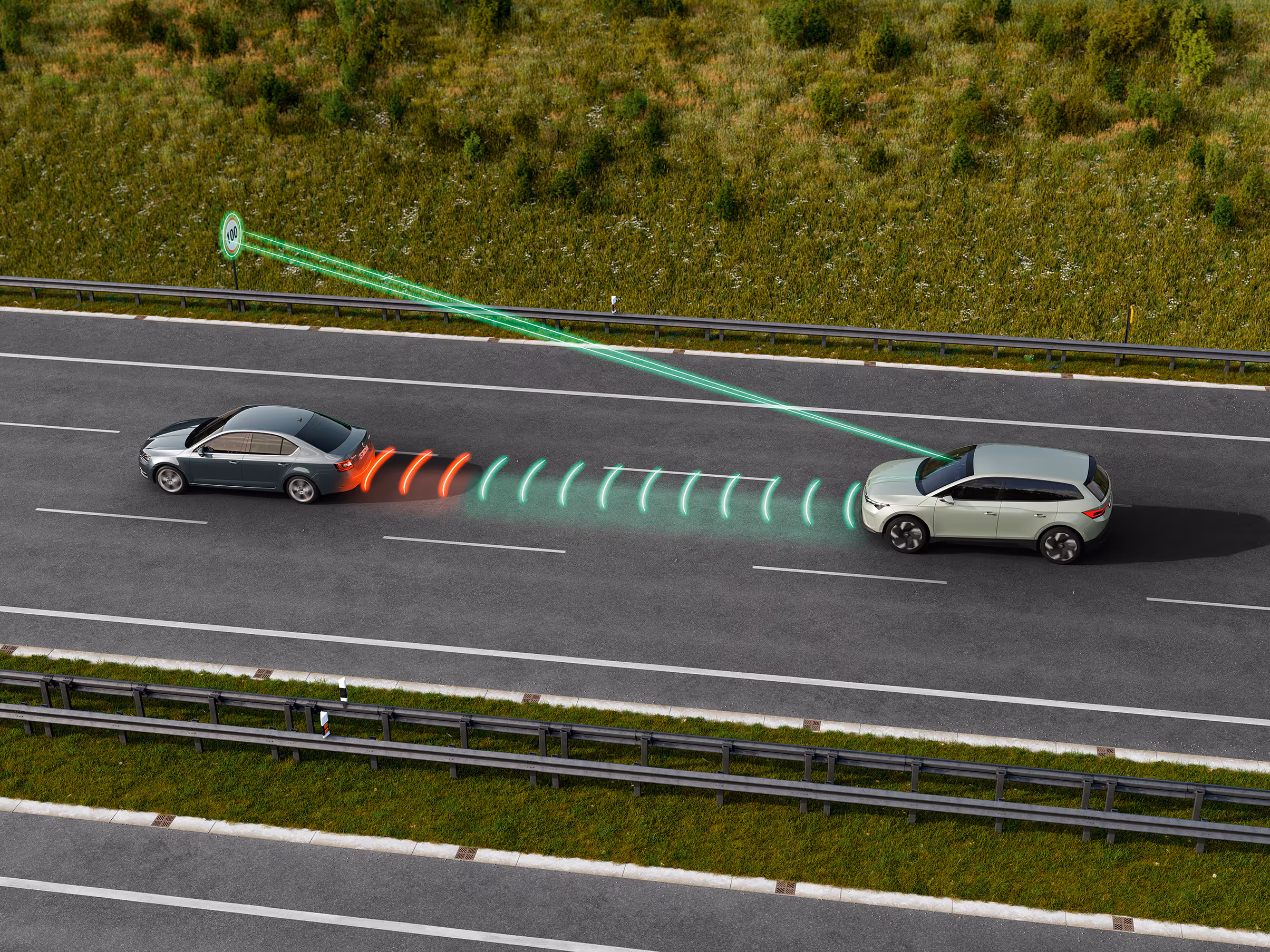 Animation der Travel Assist Funktion: Der Škoda Elroq hält automatisch einen sicheren Abstand zum vorausfahrenden Fahrzeug. Zwei grafische Linien deuten die automatische Verkehrszeichenerkennung eines “Tempo 100” Schildes an.
