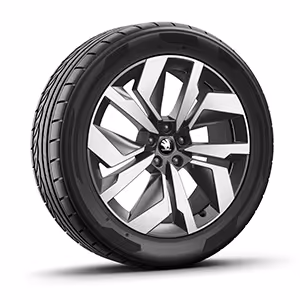 Ein freigestellter mit 20 Zoll Leichtmetallfelge “Vega Schwarz glanzgedreht”.