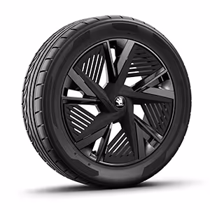 Freigestellter Reifen mit 20 Zoll Leichtmetallfelge “Draconis Schwarz”.