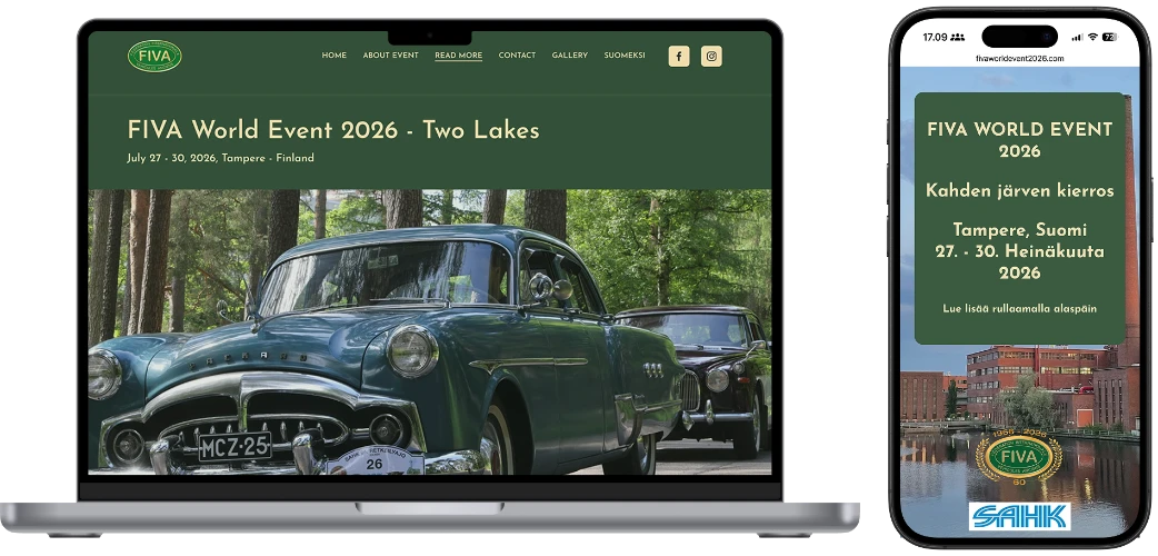 Globaalin autotapahtuman sivujen suunnittelu ja toteutus Squarespacella. Suunnittelu ja toteutus Liida do Oy