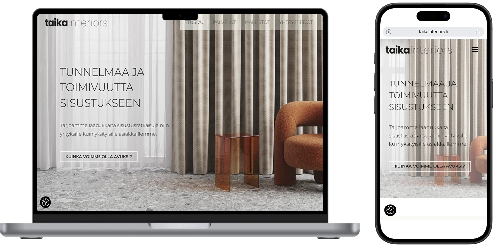 WordPress verkkosivujen toteutus sisustusalan yritykselle Taika Interiors Oy, suunnittelu ja toteutus Liida do Oy.