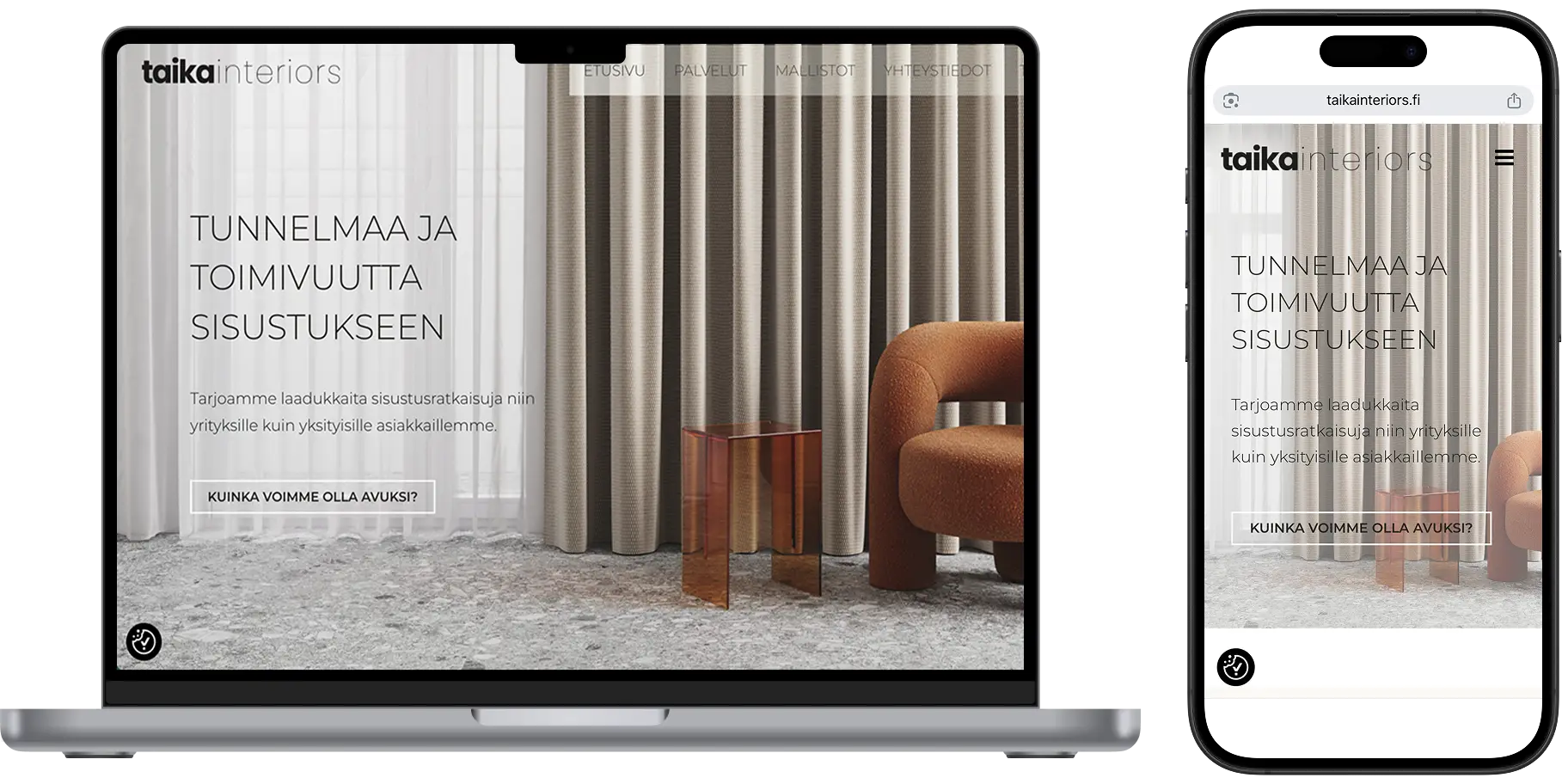 WordPress verkkosivujen toteutus sisustusalan yritykselle Taika Interiors Oy, suunnittelu ja toteutus Liida do Oy.