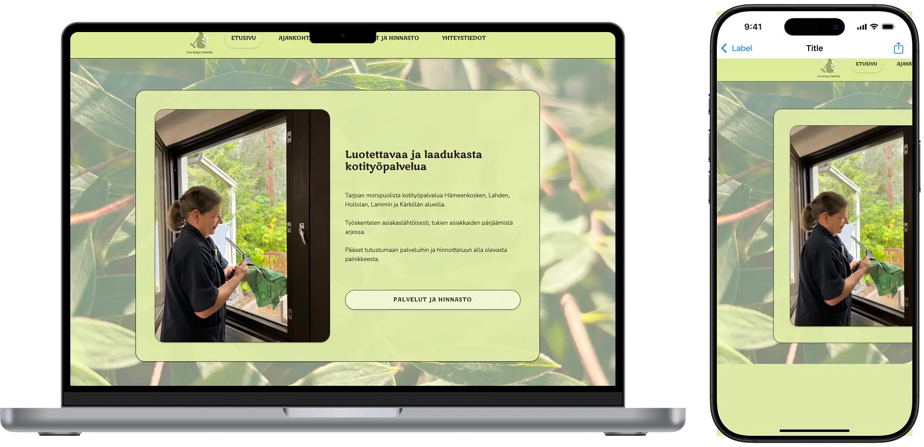 Siivousalan yrittäjän nettisivut, jotta asiakkaat löytää yhteystiedot. Ei tavoiteltu lisää asiakkaita, vain yhteystiedot ja hinnat ja ajankohtaiset asiat nettiin. Hämeenkoskelainen siivousalan yrittäjä.