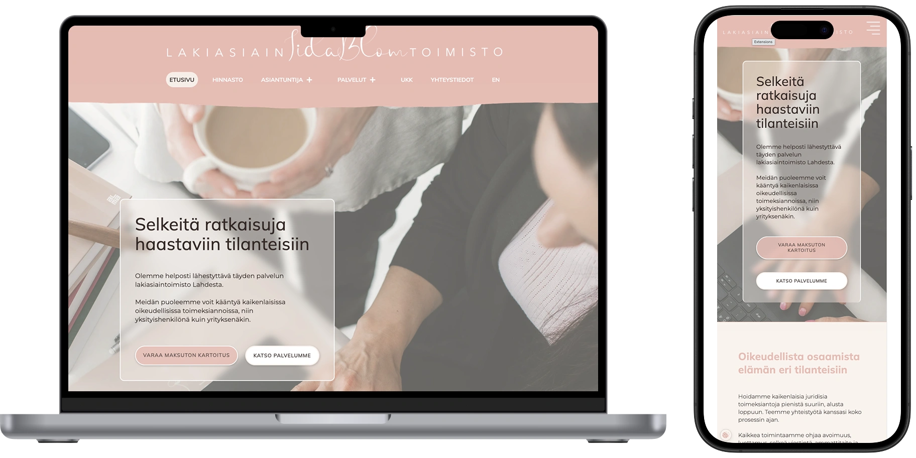 Webflow verkkosivut Lahtelaiselle lakiasiaintoimisto Iida Blom Oy:lle. Vaaleanpunaiset ja helposti lähestyttävät sivut.