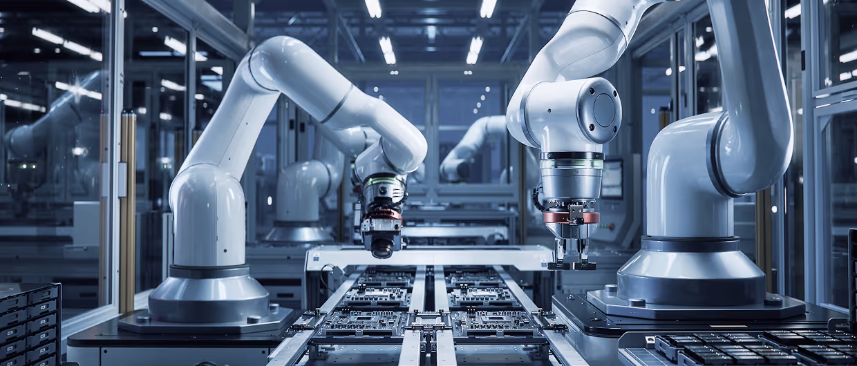 A factory with robots and a conveyor belt.