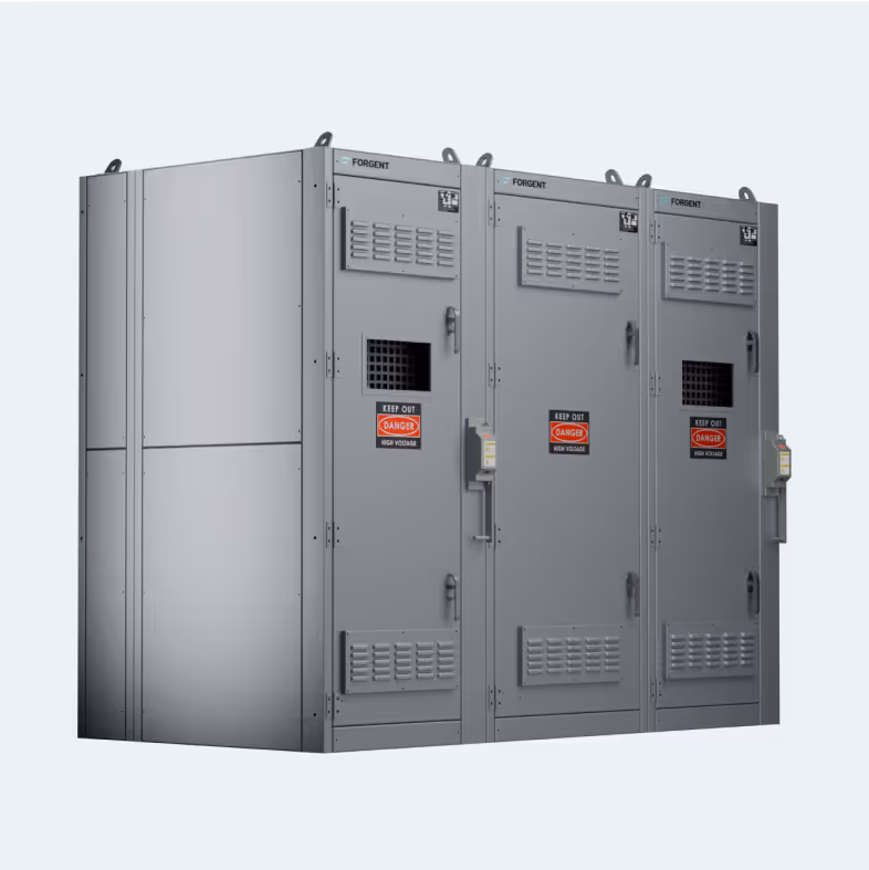 A large gray electrical box with a red sticker on the door.