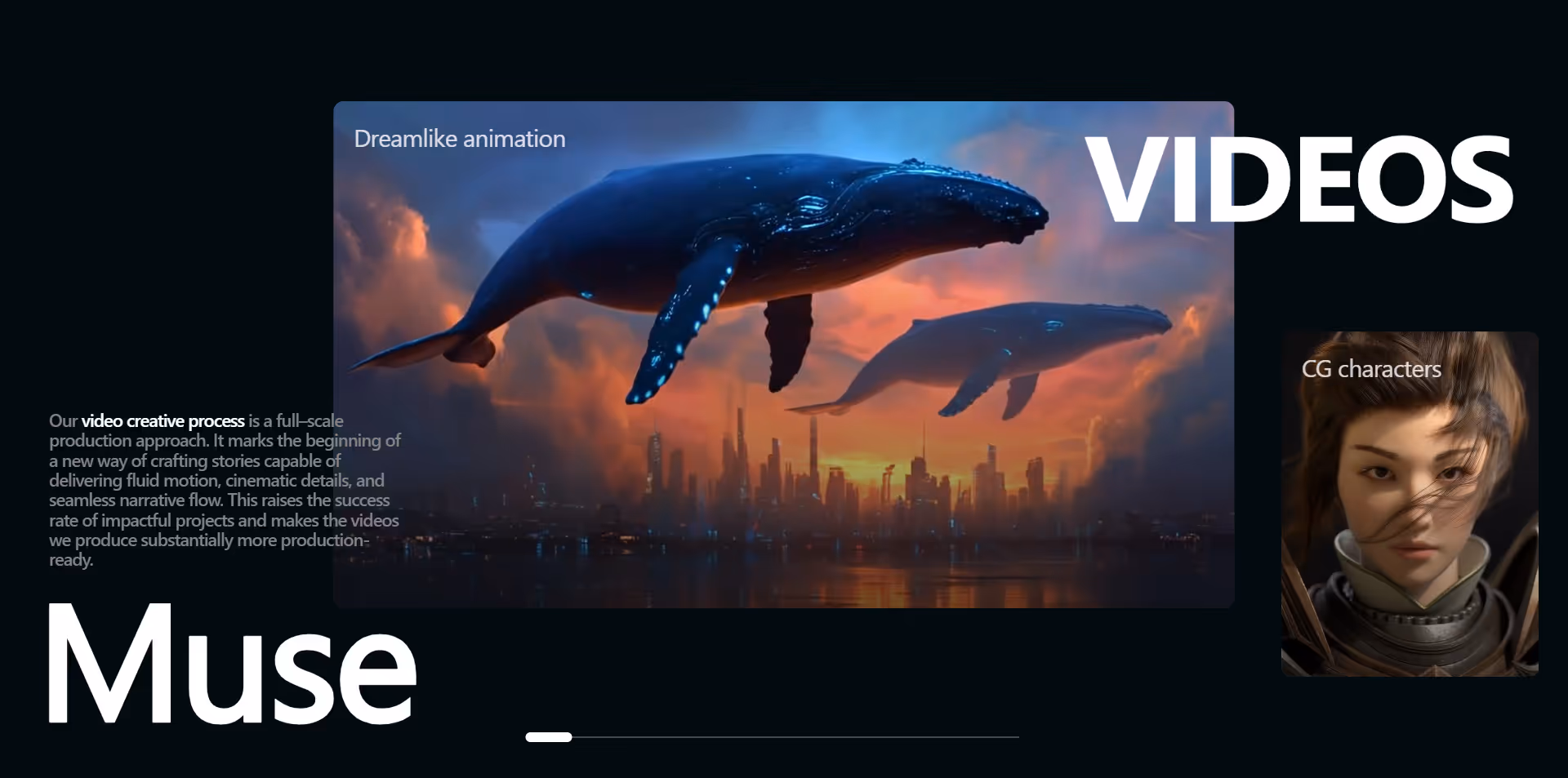 An example of a Oniric component: a dynamic carousel with a slide showcasing a dreamlike animated whales floating over futuristic city skyline at sunset