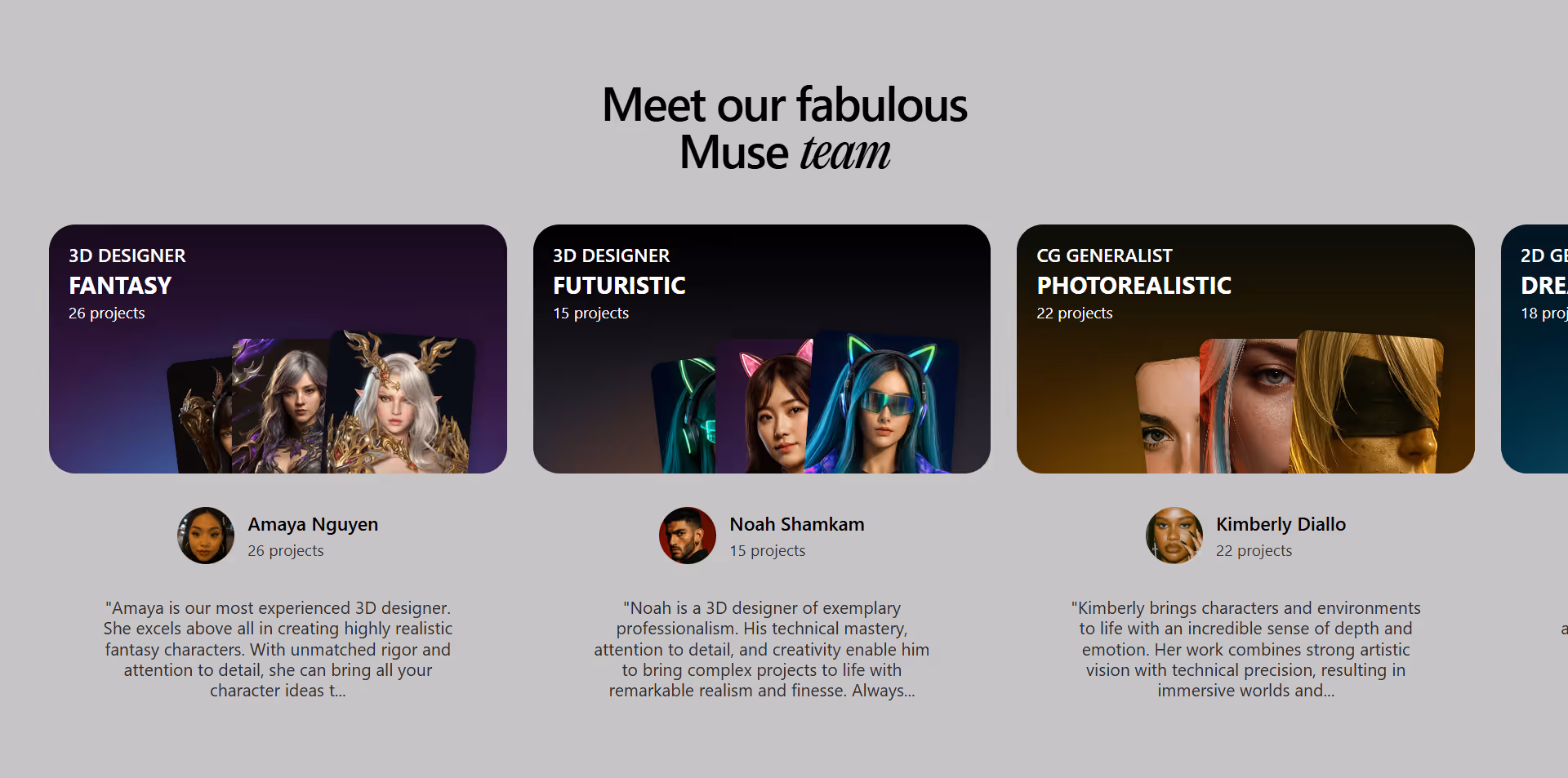 An example of a Oniric component: a horizontal hover carousel showcasing team profiles with 3D designers with fantasy and futuristic artwork