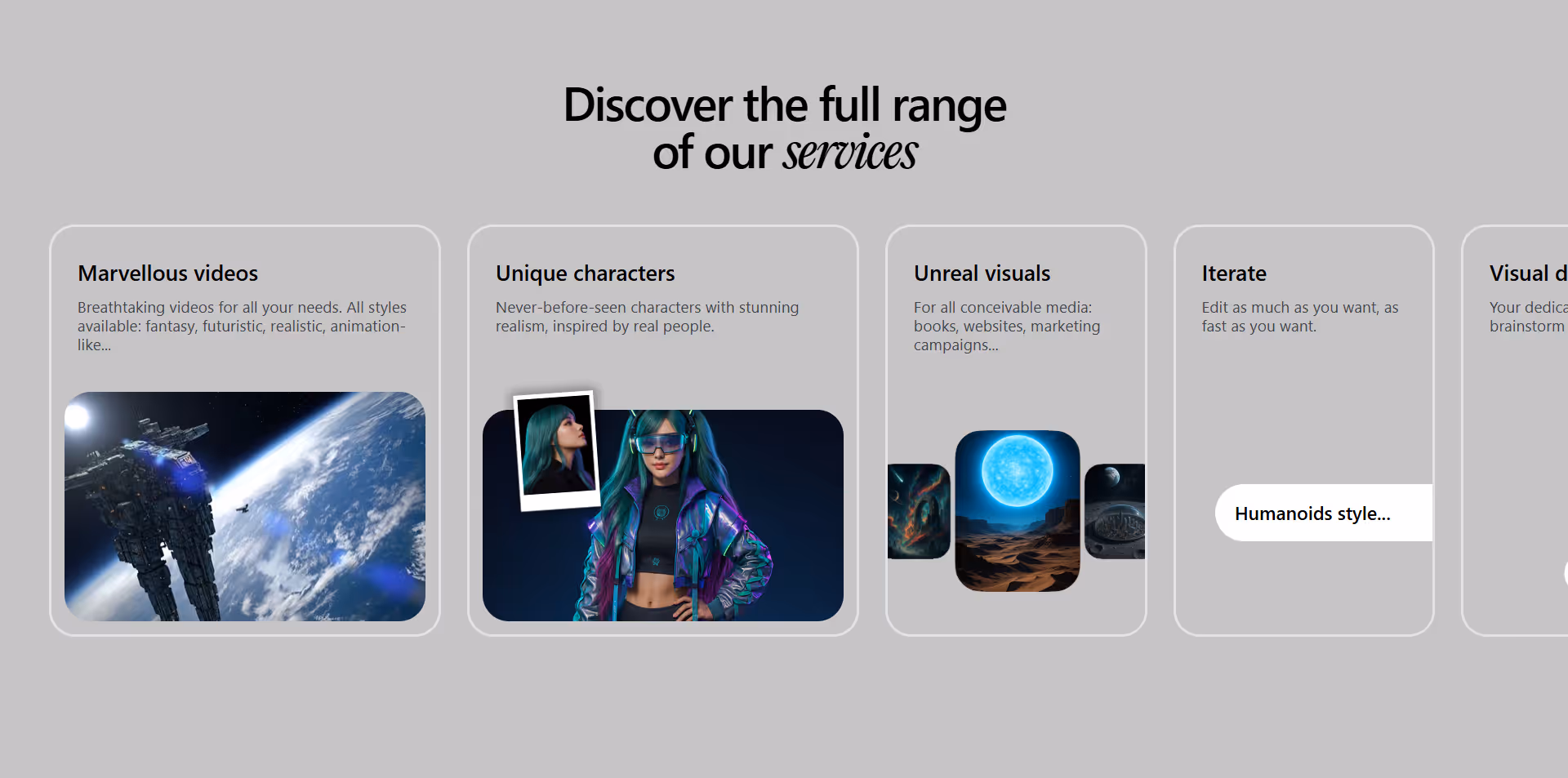 An example of a Oniric component: a horizontal hover carousel showcasing services, with futuristic videos, characters, visuals, and design
