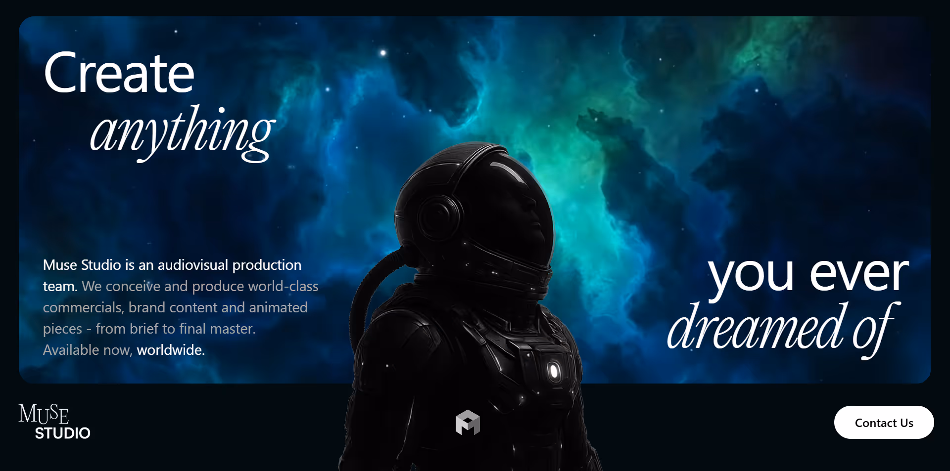 An example of a Oniric component: a full width website header with an astronaut silhouette against cosmic background with creative branding message