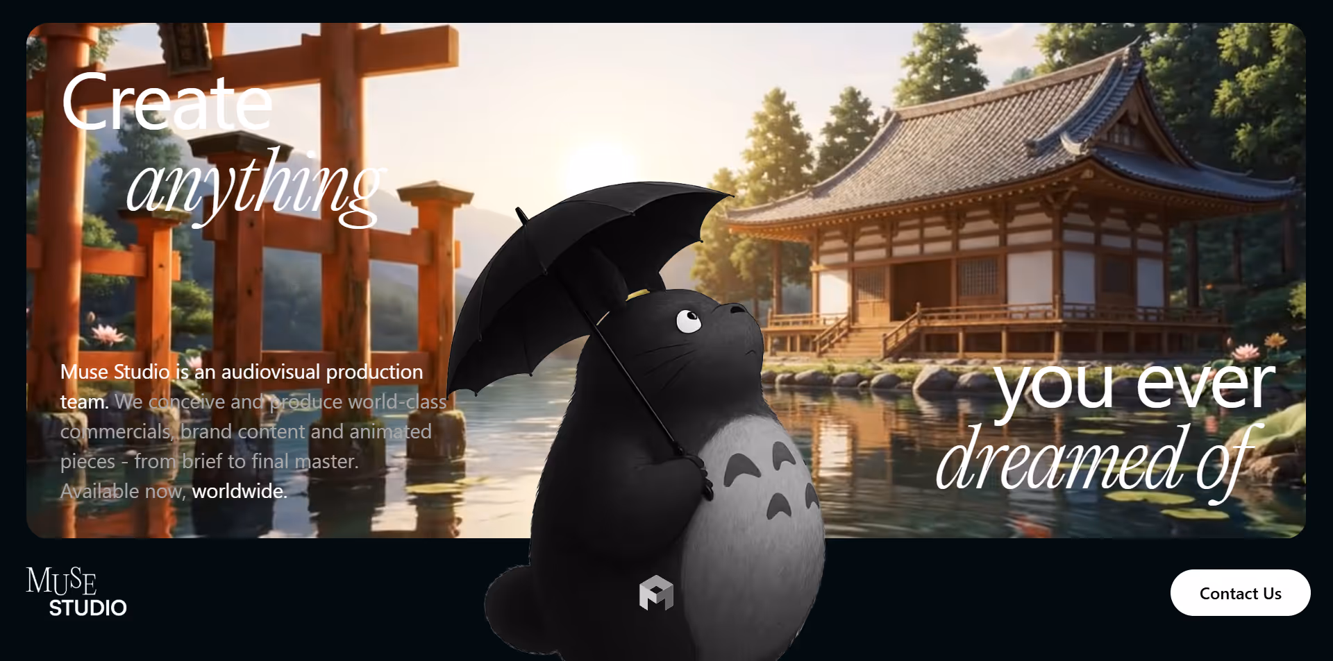 An example of a Oniric component: a full width website header with a Totoro-like character with umbrella by Japanese temple and torii gates