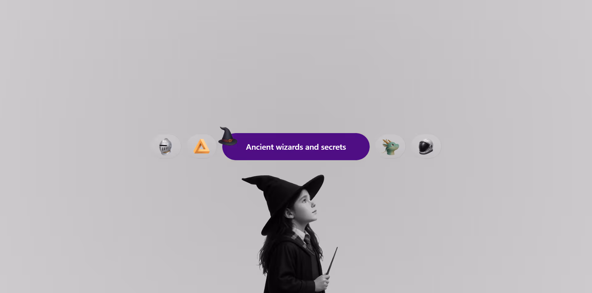 An example of a Oniric component: a morphing effect showcasing an infinite carousel-like circular menu, and below it a child sorcerer character watching above