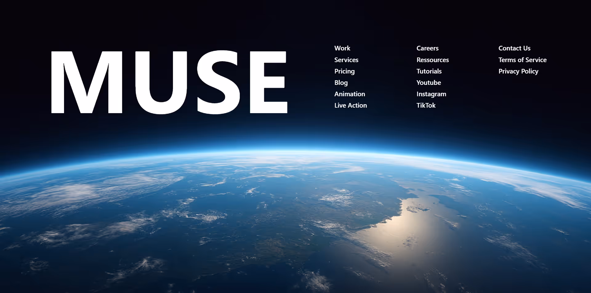 An example of a Oniric component: Muse website footer with Earth view from space and footer navigation links
