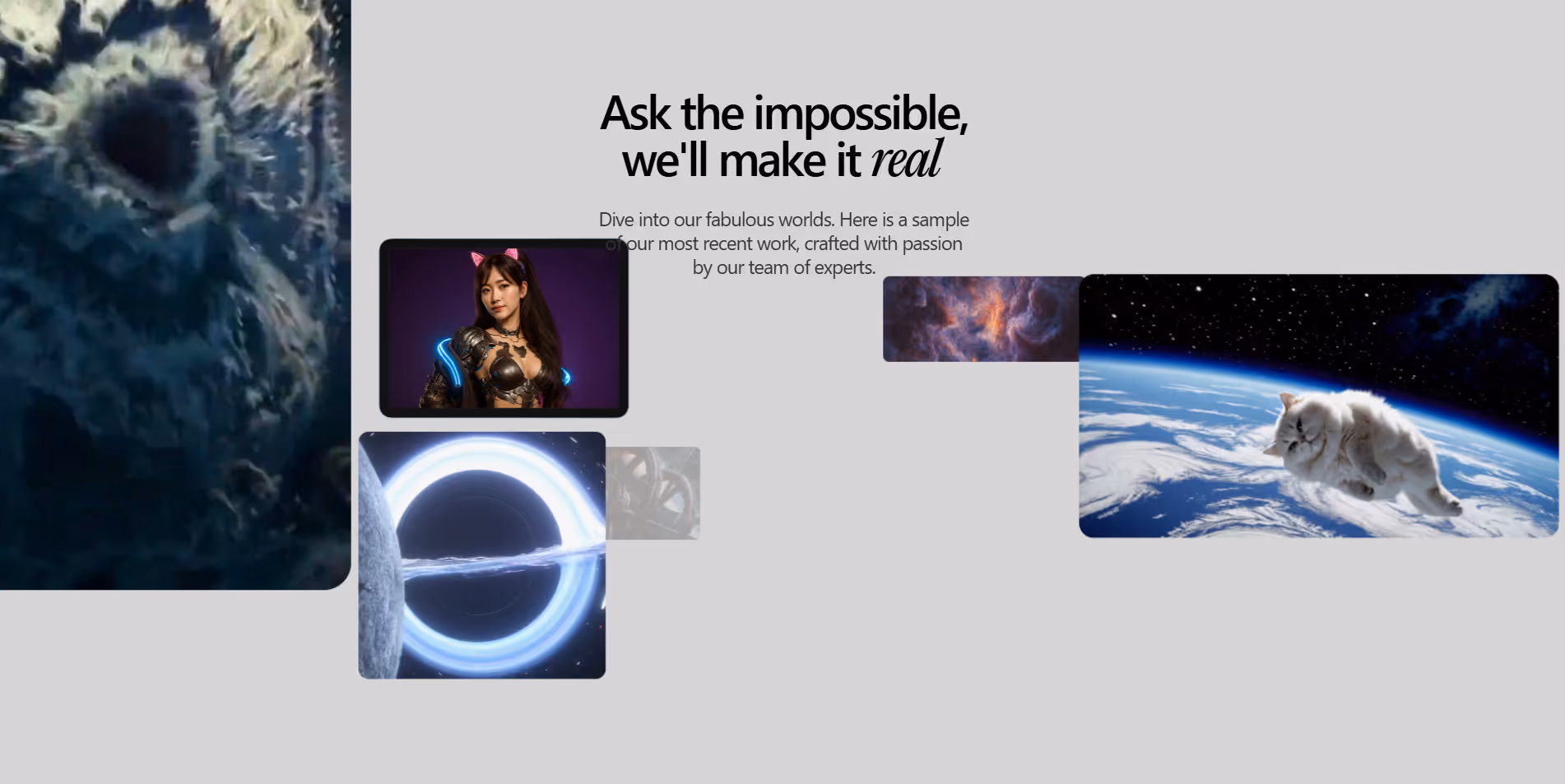 An example of a Oniric component: a 3D slides animation showcasing sci-fi images of space, black hole, and a futuristic character