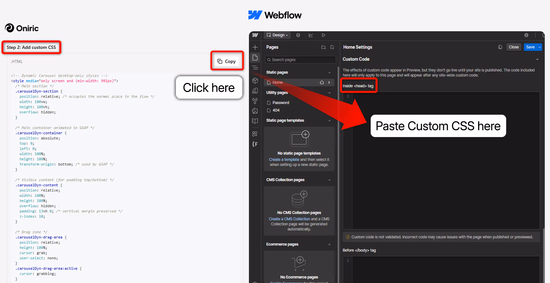 Webflow interface showing steps to add custom CSS to the "Inside head tag" section of Webflow website settings