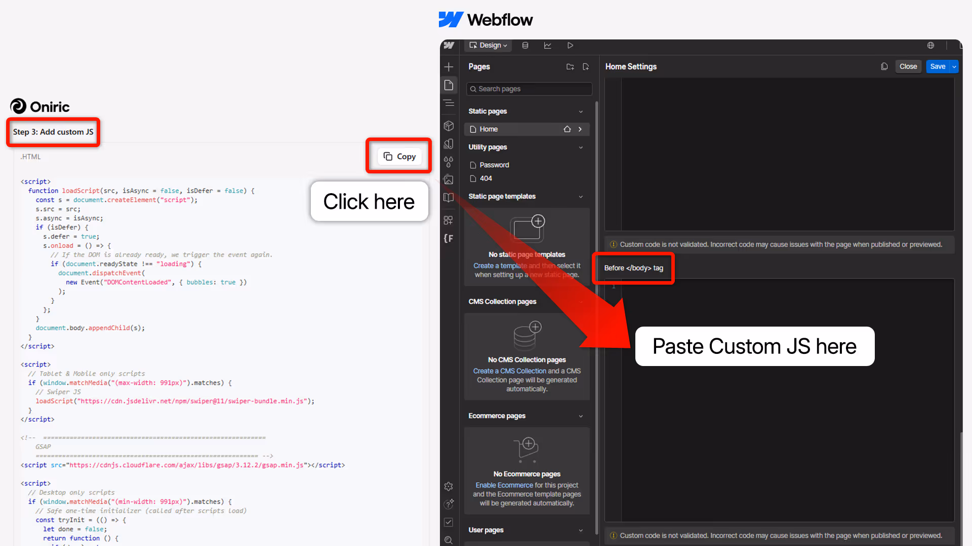 Webflow interface showing steps to add custom JavaScript to the before body tag section of Webflow website settings