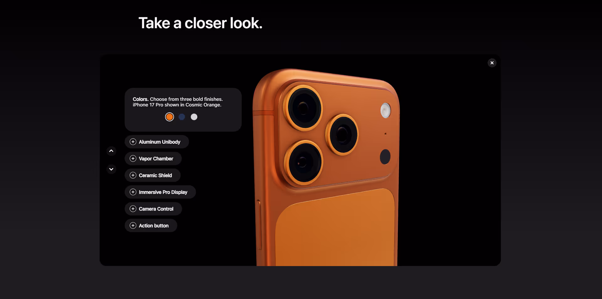 Close-up 3D view of an iPhone 17 Pro in Cosmic Orange showing triple camera lenses and feature selection list.