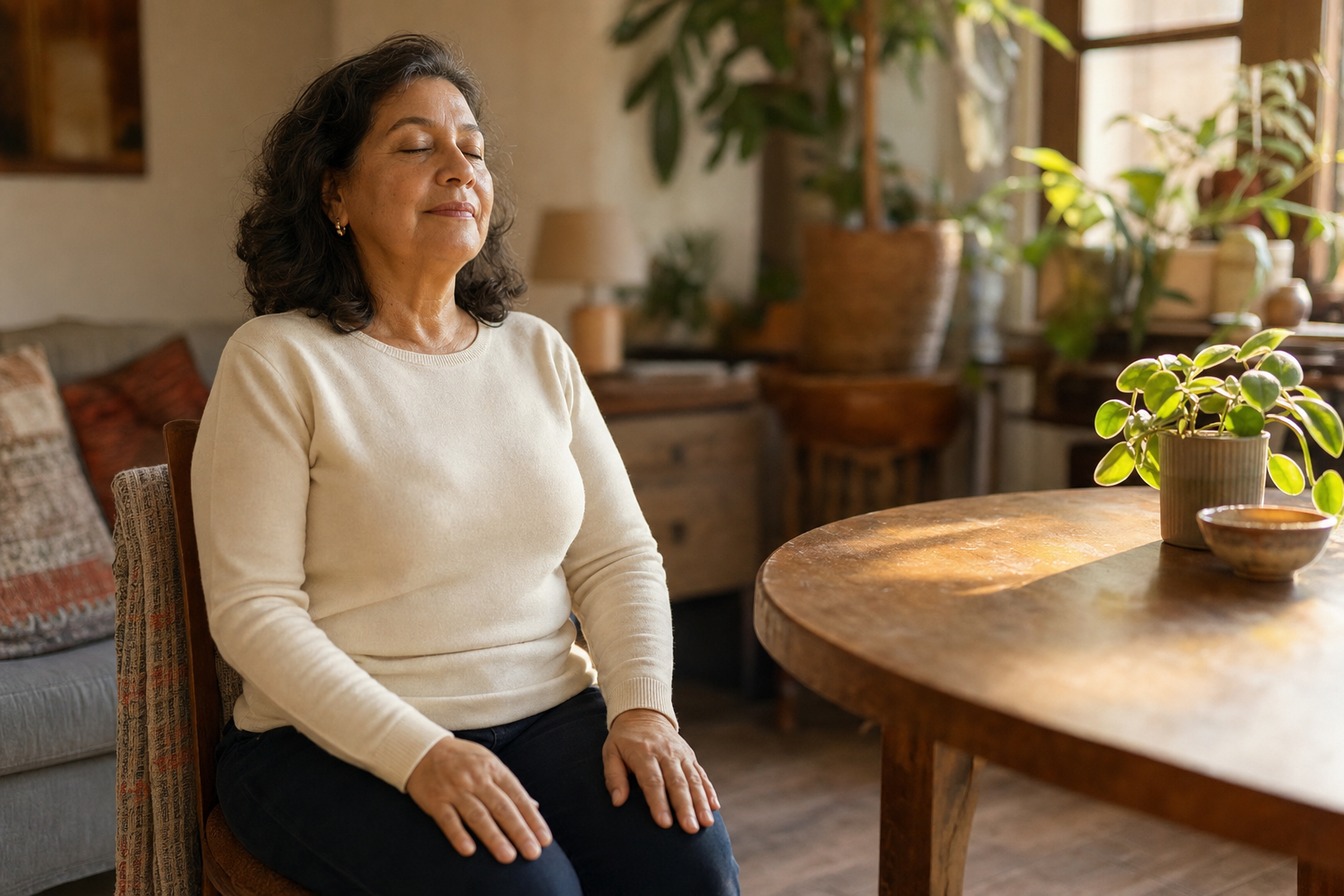 Personne assise chez elle, respirant calmement les mains posées sur les cuisses.
