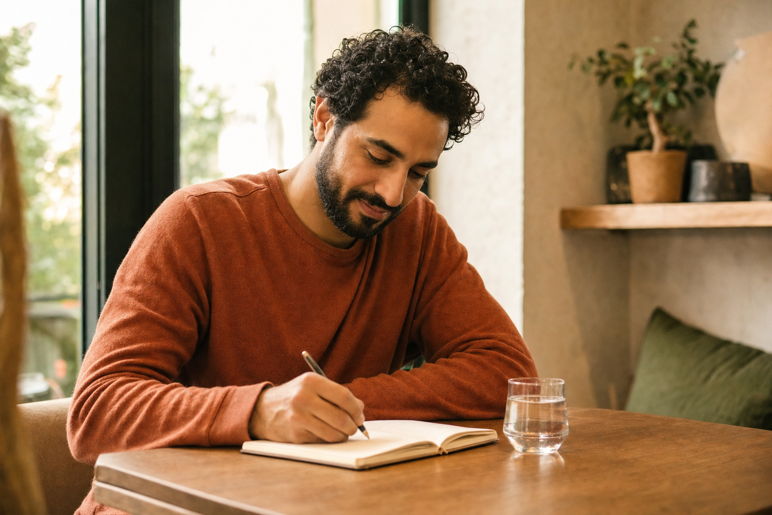 Personne détendue notant quelques mots après un exercice de respiration.