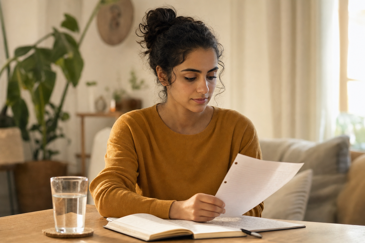 Personne consultant des notes chez elle avant une discussion médicale.