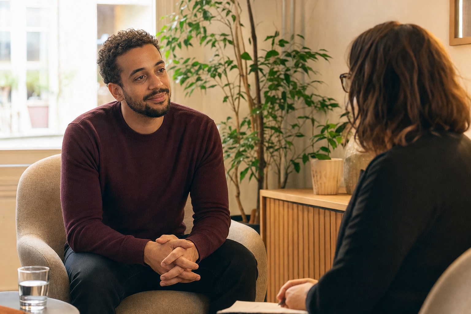 Personne en échange posé avec un professionnel dans un espace chaleureux.