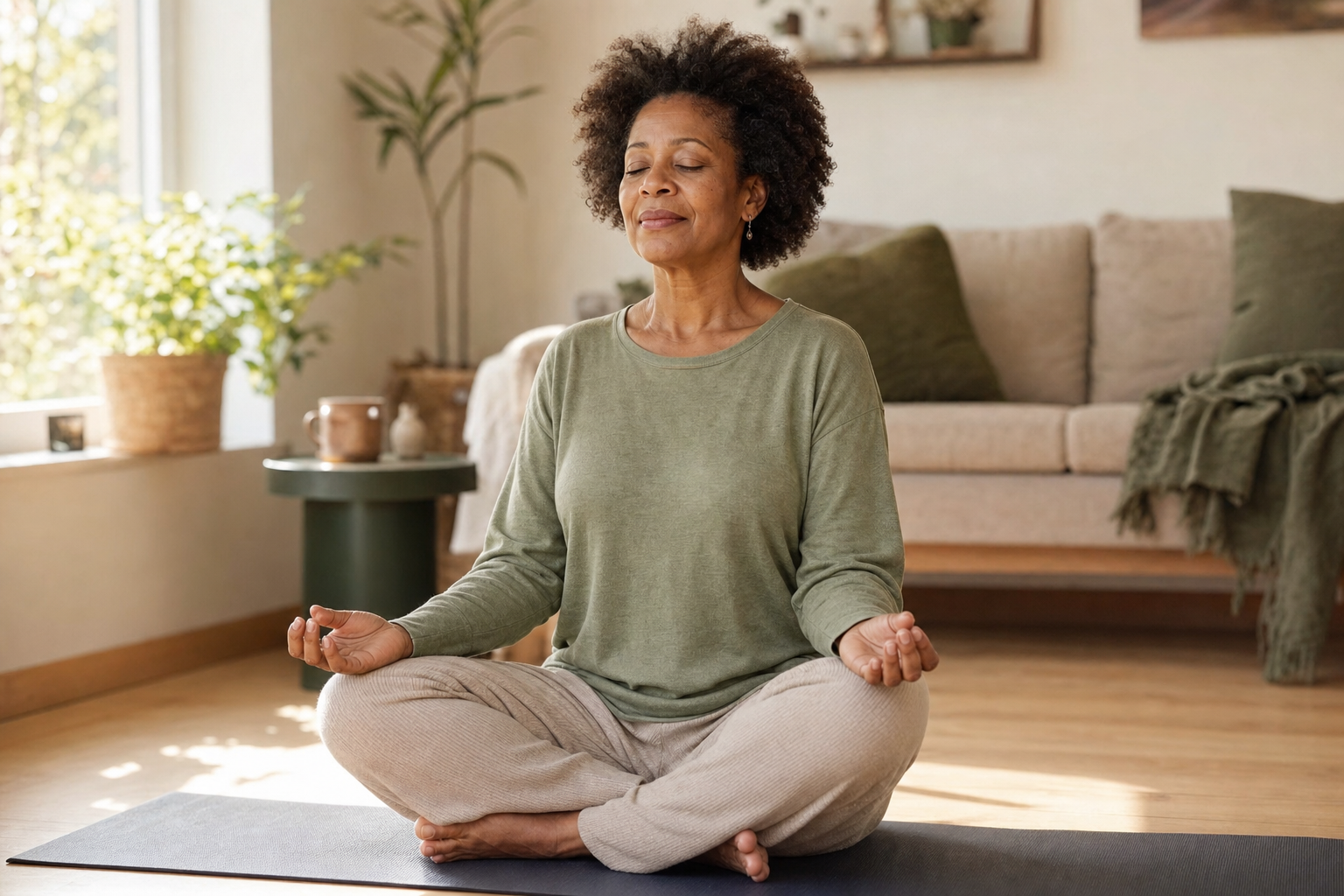 Personne assise sur un tapis chez elle pratiquant un exercice de respiration.