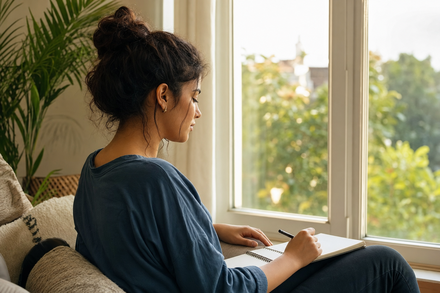 Personne calme assise près d'une fenêtre avec un carnet, posture détendue et attentive.