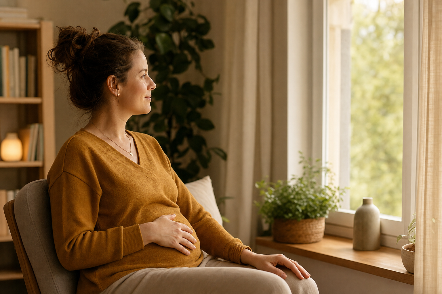 Personne assise, épaules relâchées, une main sur le ventre lors d'une pause respiration.