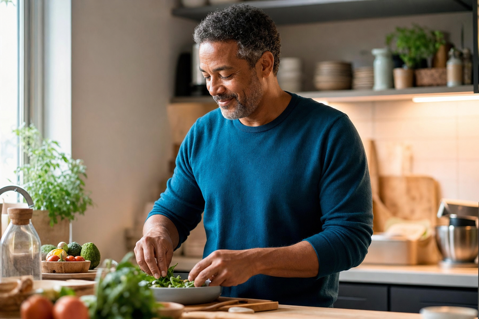 Personne apaisée reprenant une activité du quotidien dans une cuisine lumineuse.