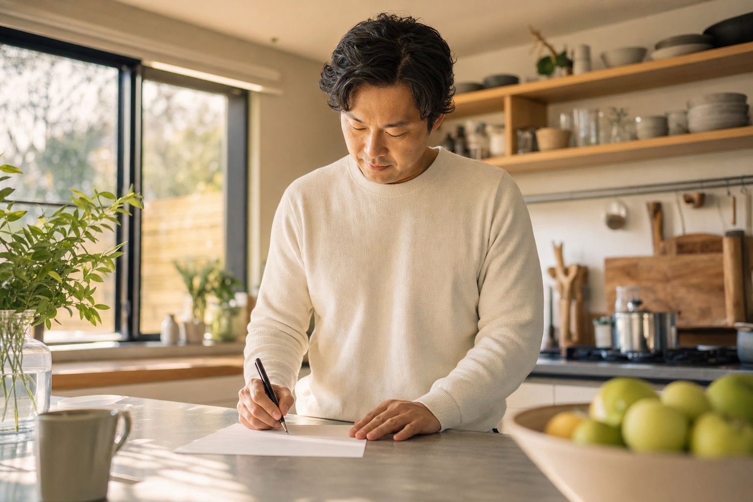 Personne écrivant calmement une pensée sur une feuille à la table de cuisine.