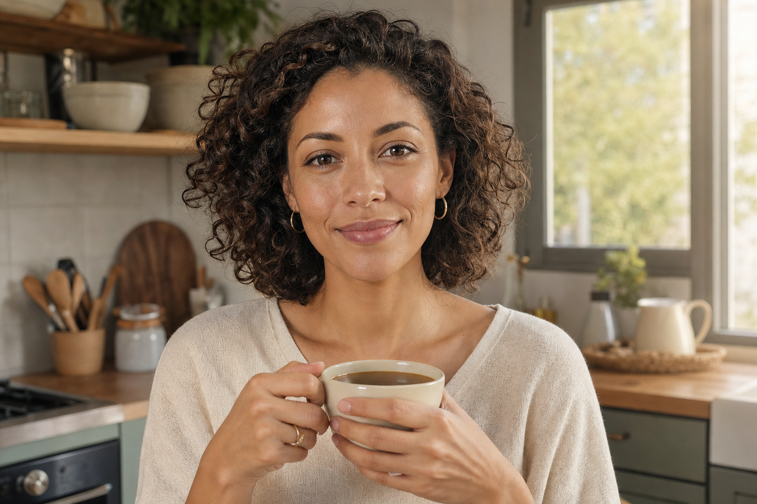 Personne apaisée savourant tranquillement son café du matin dans sa cuisine