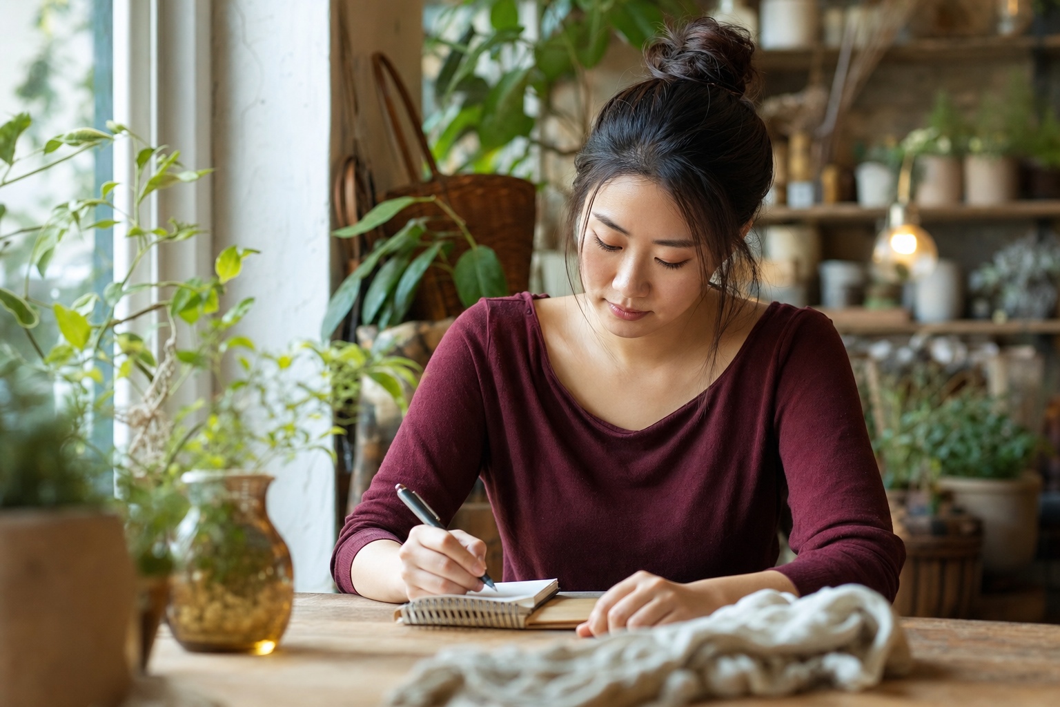 Personne notant tranquillement ses habitudes dans un carnet à table