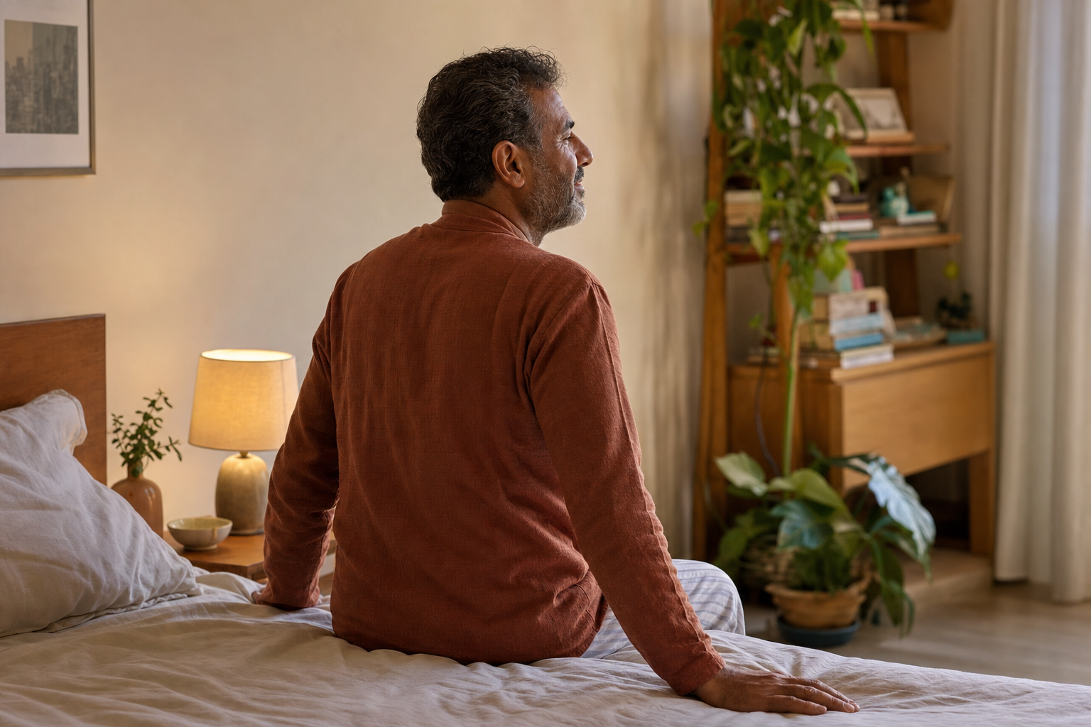 Personne assise au bord de son lit, apaisée, dans une chambre calme le matin.