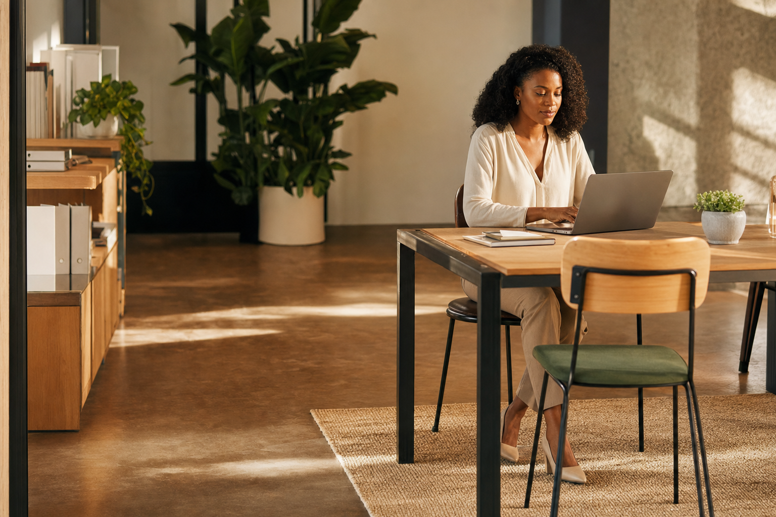 Personne au bureau consultant son planning calmement avant de répondre à une demande.