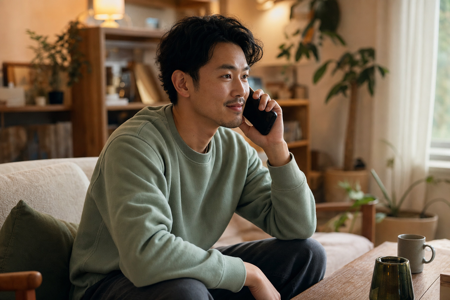 Personne calme au téléphone dans son salon, demandant conseil plutôt que de décider seule