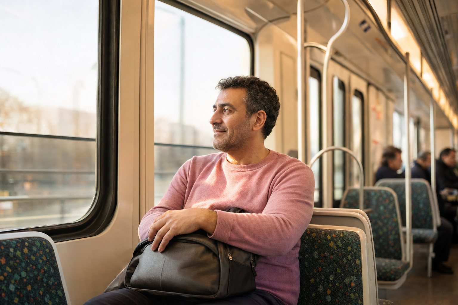 Personne assise sereinement dans une rame de métro peu fréquentée