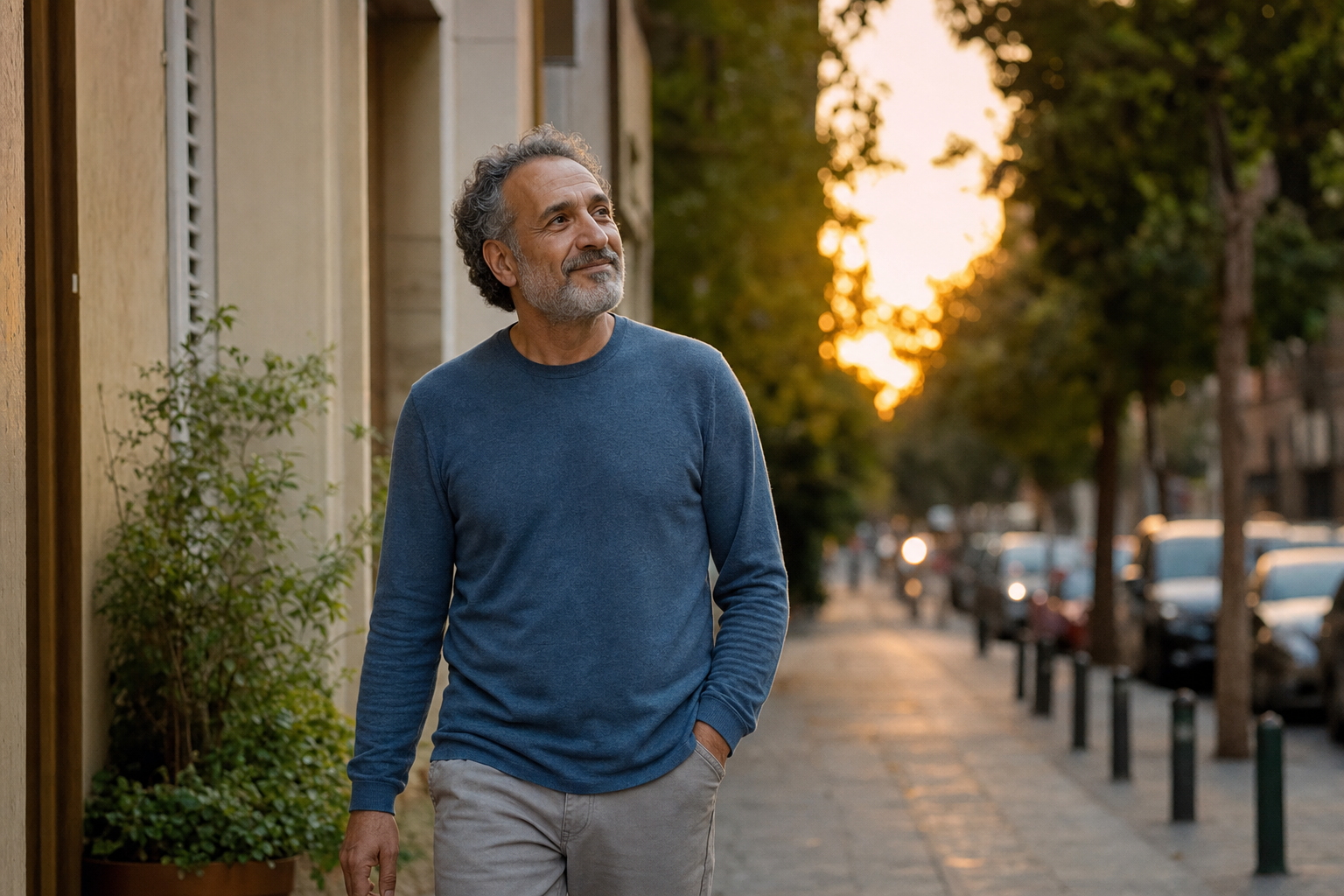 Personne détendue marchant le soir dans une rue calme, attention posée sur l'instant.