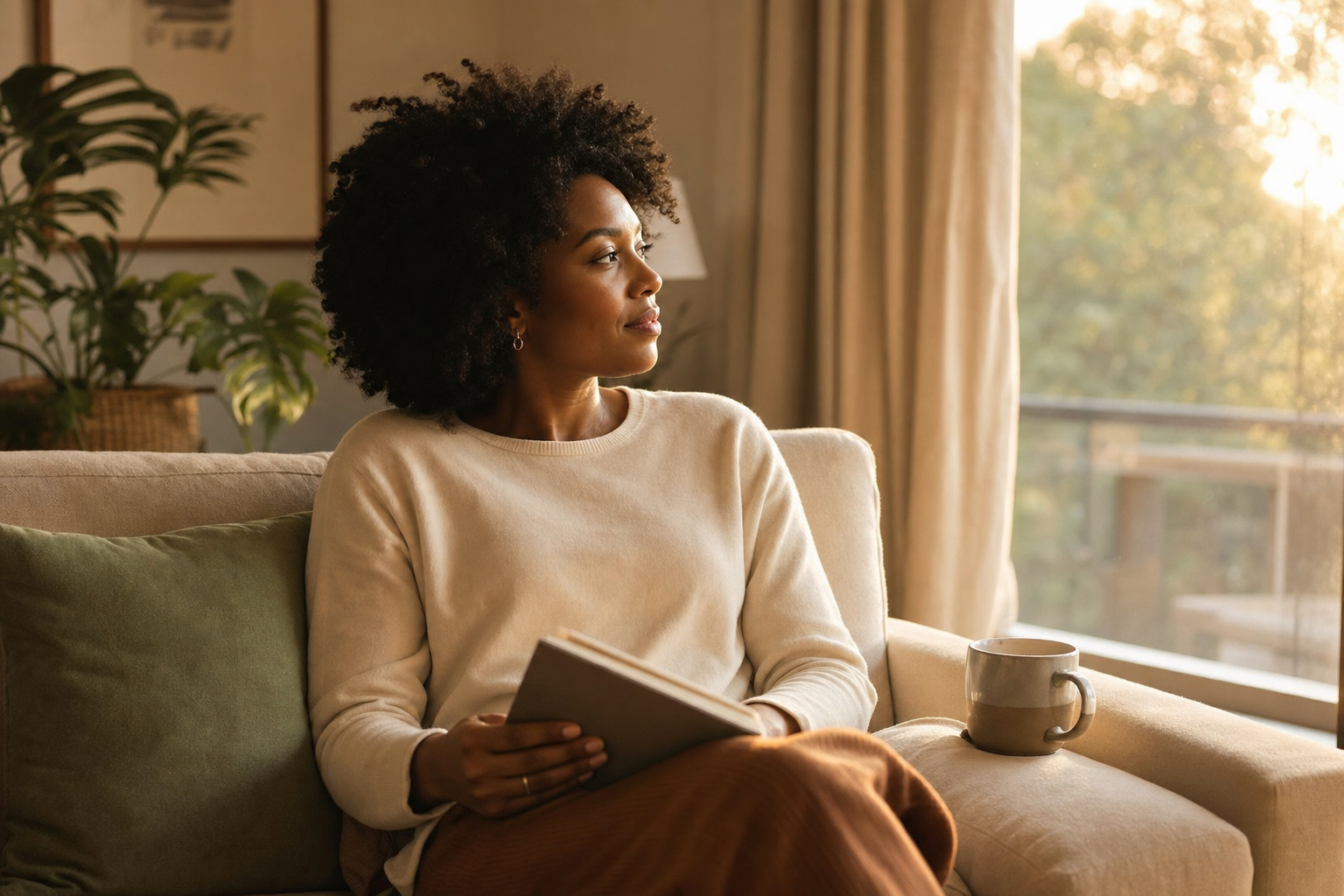 Personne apaisée dans son salon, refermant un livre, regard calme vers la fenêtre.