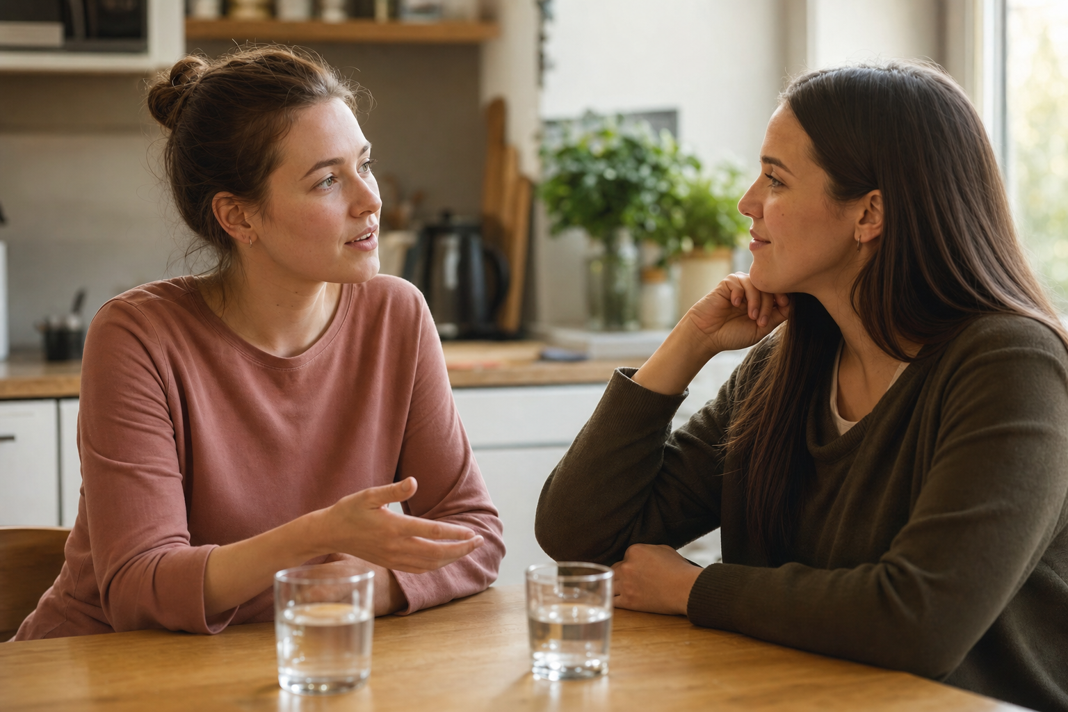 Deux personnes assises côte à côte à une table, en conversation attentive