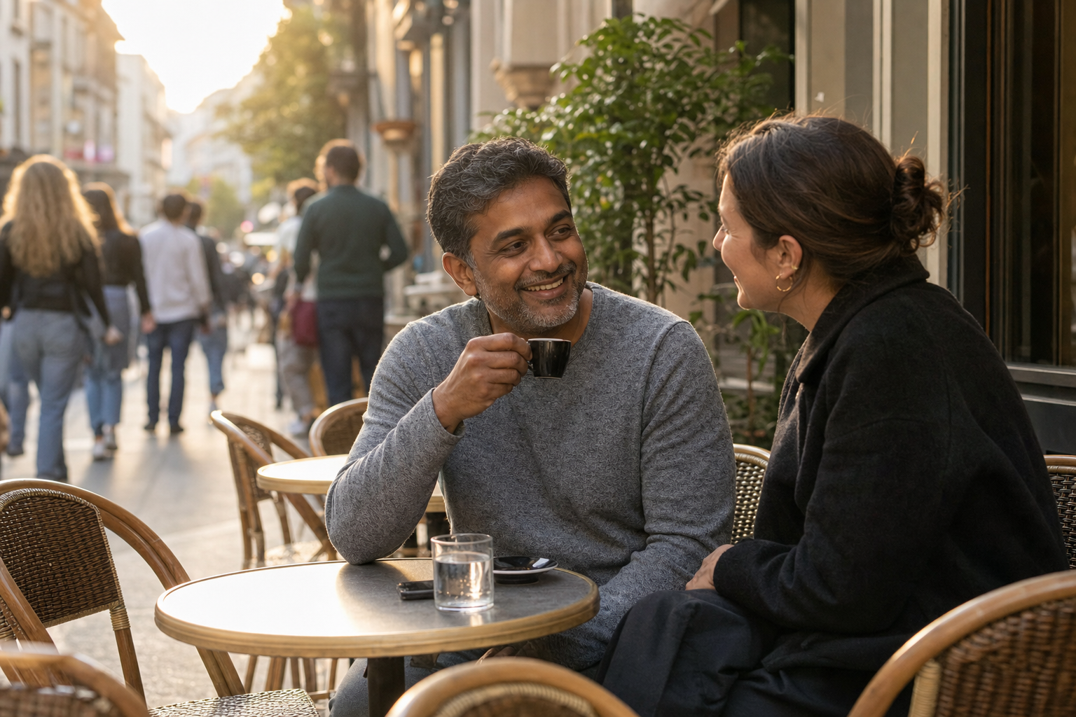 Deux personnes attablées en terrasse, en conversation, l'une tenant une tasse de café