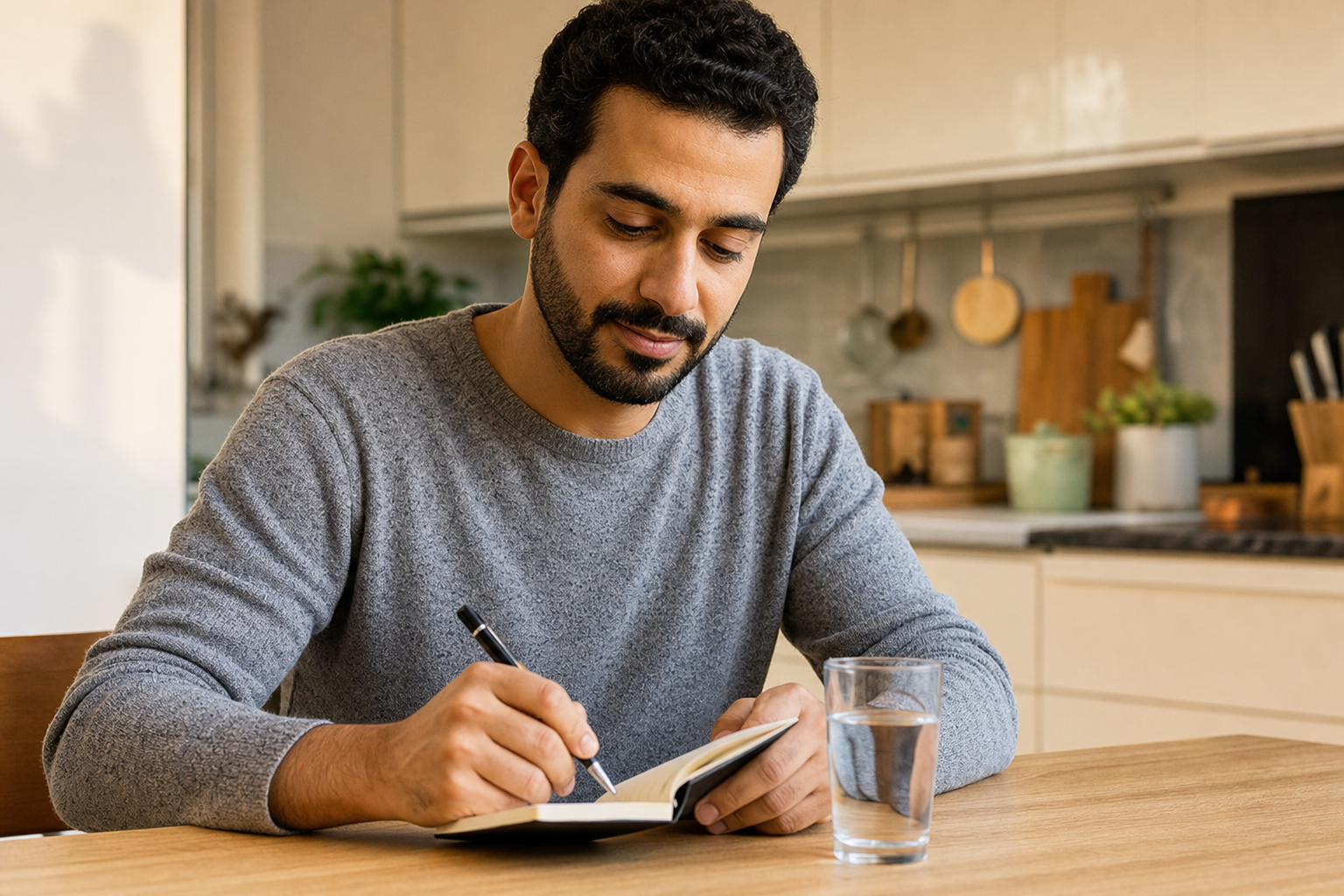 Une personne adulte note quelques repères dans un carnet à sa table de cuisine.