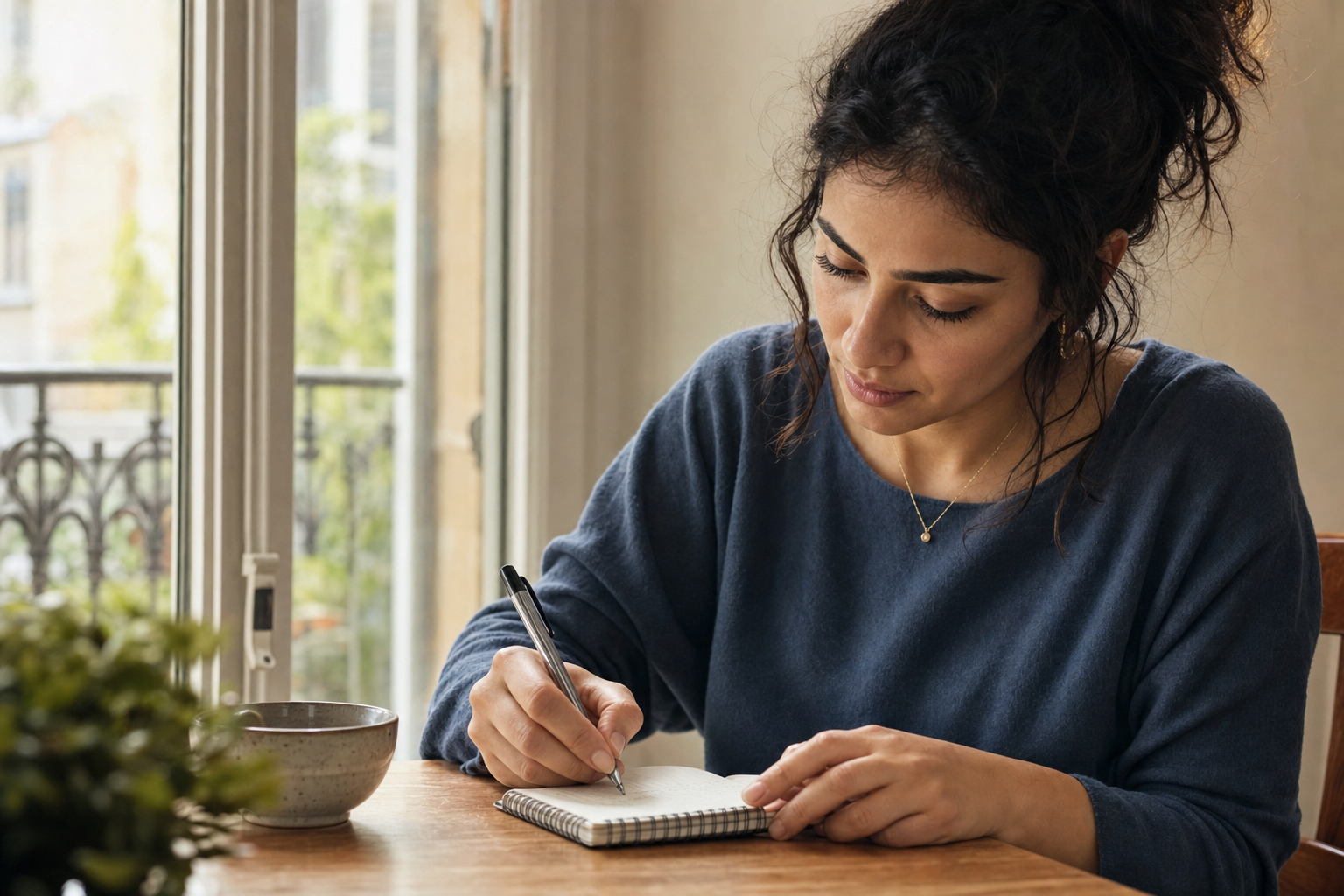Personne notant quelques mots dans un carnet, attablée près d'une fenêtre